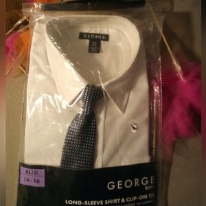 George Boys White Long-Sleeve Shirt with Clip-On Tie